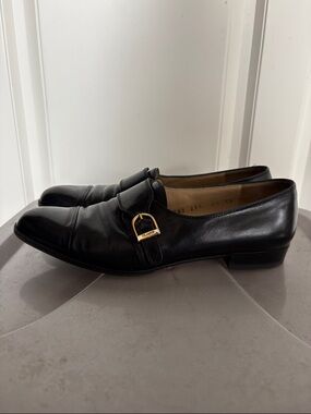Salvatore Ferragamo Black Leather Slip-On Loafers with Gold Buckle